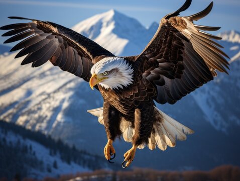 The eagle soars with the American flag in its talons against a backdrop of towering mountains, epitomizing freedom and the spirit of the nation, encapsulating the wild, untamed essence of America.