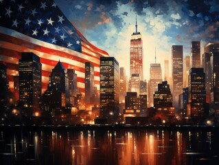 Shimmering city lights form an abstract backdrop to a crisply focused American flag, blending urban night magic with stark patriotism.