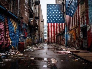 An urban alley's grittiness contrasts with the bright and vivid details of an American flag mural, celebrating resilience amidst adversity.