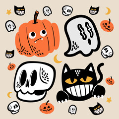 Selection of spooky hand-drawn Halloween theme, Halloween Things elements