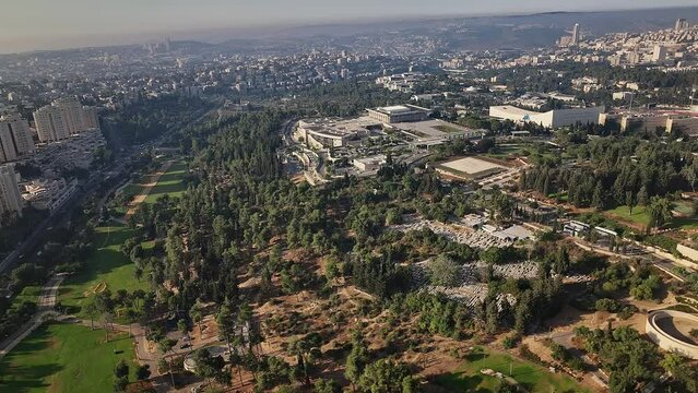 Knesset parliament Israeli government building in Jerusalem, aerial drone view 4k