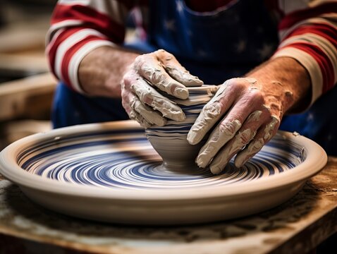 A potter's wheel shapes clay with the American flag design embedded. A testament to craftsmanship and identity molded together.