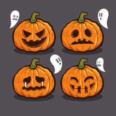Hand-drawn Halloween Things elements character jack-o-lantern with emotion variants