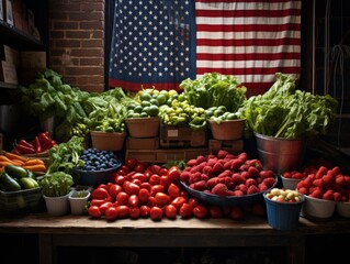 An American flag flutters behind a bustling farmer's market stand, merging the vibrancy of local produce with national pride.