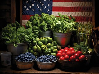 An American flag flutters behind a bustling farmer's market stand, merging the vibrancy of local produce with national pride.