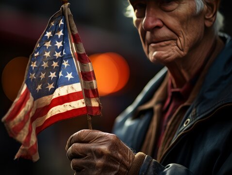Alder's wrinkled hand holds a small American flag during a parade. The scene conveys generations of pride and tradition, framed perfectly to capture the emotion and nostalgia.
