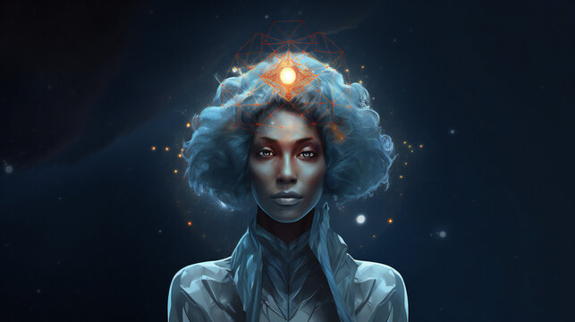 Agarthan Starseed portrait with empty copy space on the side. Generative AI. 