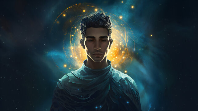 Agarthan Starseed portrait with empty copy space on the side. Generative AI. 