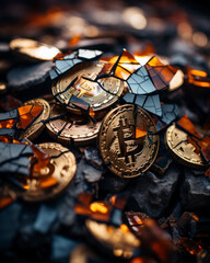 Fototapeta premium A close up of piles of bitcoins and other various crypto coins