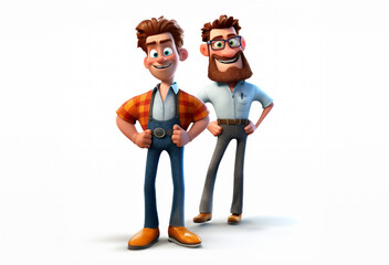  3d childrens characters in 3d cartoon style. Two men standing and smiling. Isolated on white background. Creative writing prompt, classroom creative writing lesson planning resource.