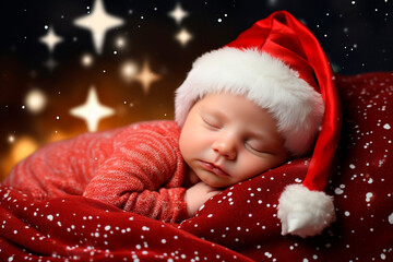a newborn in modern Santa Claus costume on Christmas background  - obrazy, fototapety, plakaty