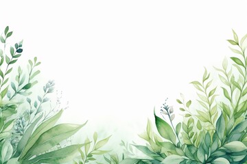 Watercolour green plants frame on white background. AI generated