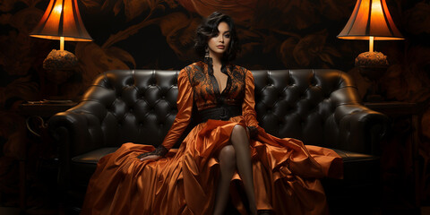 Luxuriöse Sexy Dame für den Escort Service im edlen Abendkleid auf einem eleganten Ledersitz wartet, ai generativ
