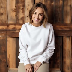 Fototapeta premium female wearing white sweatshirt on wood effect background for mock up