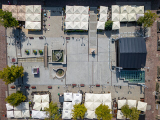 Aerial view of Bielsko Biala. The Old Town Market Square of Bielsko Biala. Traditional architecture and the surrounding mountains of the Silesian Beskids. Silesian Voivodeship. Poland. 