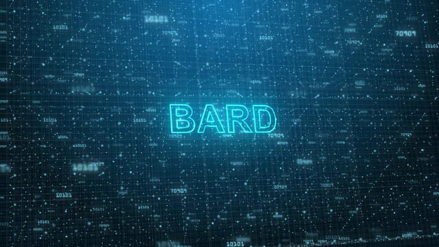Bard Text on Futuristic Cyberspace Background. 3D Grid and Binary Numbers.