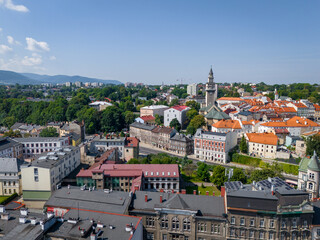 Aerial view of Bielsko Biala. The Old Town Market Square of Bielsko Biala. Traditional architecture and the surrounding mountains of the Silesian Beskids. Silesian Voivodeship. Poland. 