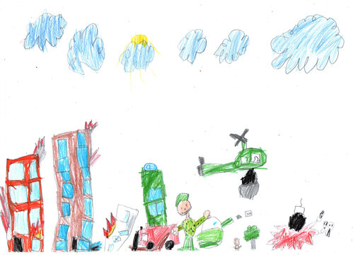 Children drawing of the war.  Battlefield, explosions, destruction, helicopters, tanks.  No war. Pencil art in childish style