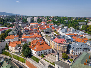 Aerial view of Bielsko Biala. The Old Town Market Square of Bielsko Biala. Traditional architecture and the surrounding mountains of the Silesian Beskids. Silesian Voivodeship. Poland. 