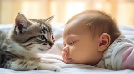 Beb&eacute; adormece com o gatinho num ambiente de paz e amor. 