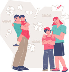 Parents console their upset children, teen conflict resolution. Parents provide psychological support to children in a difficult situation. Trust and understanding in family.