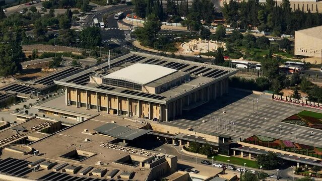 Knesset parliament Israeli government building in Jerusalem, aerial drone view 4k