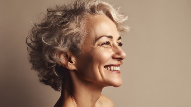 A smiling elderly woman with stylish gray hair and neutral attire on a neutral background. Generative AI