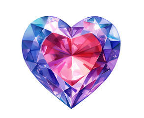 Naklejka na ściany i meble Diamond heart shaped gem watercolor illustration isolated on transparent background