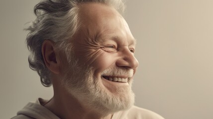 Fototapeta premium A joyful senior man in gray, neutral attire poses on a plain backdrop. Generative AI