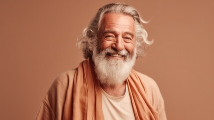 Fototapeta premium A contented elderly man with gray hair, donning natural clothes, smiling on a neutral background. Generative AI