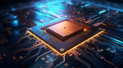 Photo of a detailed view of a processor chip on a circuit board