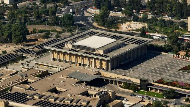Knesset parliament Israeli government building in Jerusalem, aerial drone view 4k