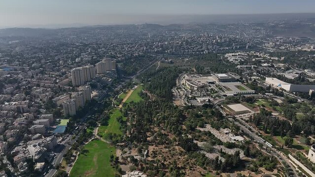 Knesset parliament Israeli government building in Jerusalem, aerial drone view 4k