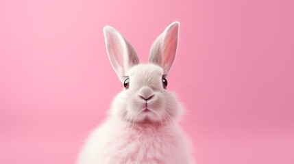 Photo of a white rabbit against a vibrant pink backdrop