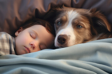 Baby falls asleep with the dog in an environment of peace and love.