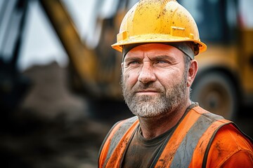 Construction worker with earth digger in the background. Photo generative AI