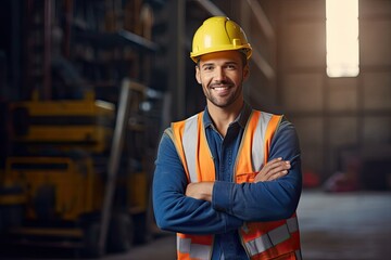 Smiling construction worker poses at warehouse entrance. Photo generative AI