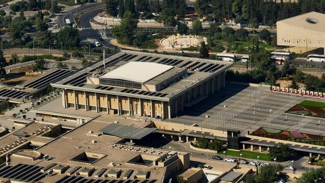 Knesset parliament Israeli government building in Jerusalem, aerial drone view 4k