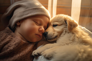 Baby falls asleep with the dog in an environment of peace and love.