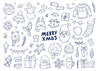 Christmas doodles set, clip art, cartoon elements collection isolated on white background for prints, stickers, cards, scrapbooking, stationary, sublimation, coloring pages, etc. EPS 10