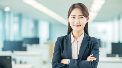 Portrait of young experienced asian businesswoman boss, female worker looking at camera with crossed arms inside office building.