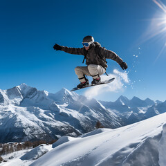 Snowboarder's Thrilling Mid-Air Leap amid Snow Peaks ai generated art