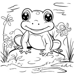 Cute Frog Coloring Pages for kids. Coloring book river fauna, vector illustration.