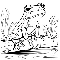 Cute Frog Coloring Pages for kids. Coloring book river fauna, vector illustration.