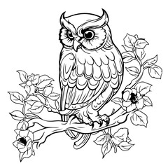 Cute owl cartoon on tree. Coloring book or page