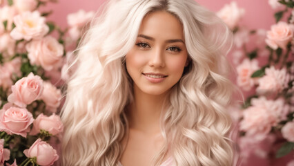 Naklejka premium Portrait of a beautiful girl blond long hair, rose flower