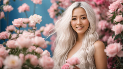 Naklejka premium Portrait of a beautiful girl blond long hair, rose flower