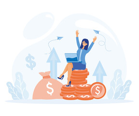 Financial consultant pouring a stack of coins smiling friendly and waving hand. Successful investor or entrepreneur. Financial advice. flat vector modern illustration