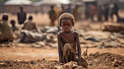 Photo of a malnourished African child in a dirty and deprived environment of an African village sense of poverty