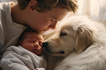 Baby falls asleep with the dog in an environment of peace and love.
